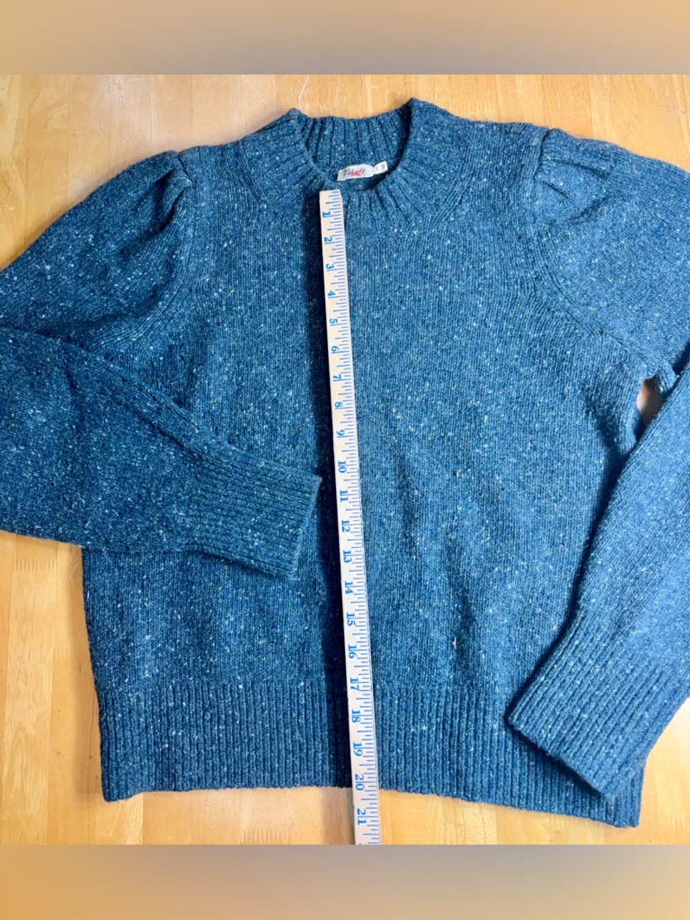 Faherty Sweater Women Large Blue Green Puffed Sleeve Merino Wool Blend Boone - Picture 2 of 7